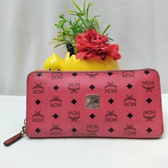MCM | Bags | Mcm Signature Reddish Pink Leather Zip Around Credit 